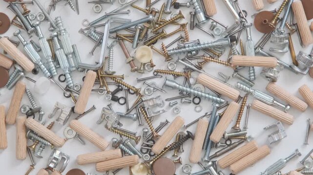 a variety of fasteners and components commonly used in assembling wooden furniture