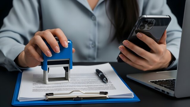 Person's hands holding a blue stamp over a document on a clipboard while checking a smartphone.