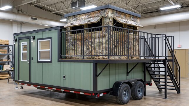 Mobile hunting cabin trailer with camouflage roof and balcony, featuring green exterior and black railings, positioned inside a spacious workshop environment