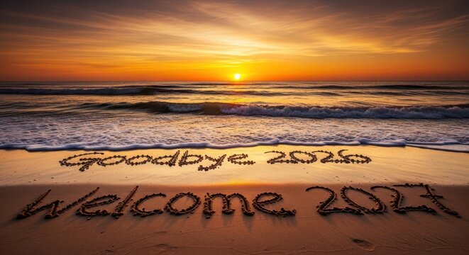 Sunset Beach Message Goodbye 2025 Welcome 2026.