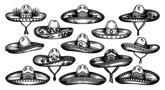 Mexican sombrero outline illustration collection with ethnic sketch vector hats