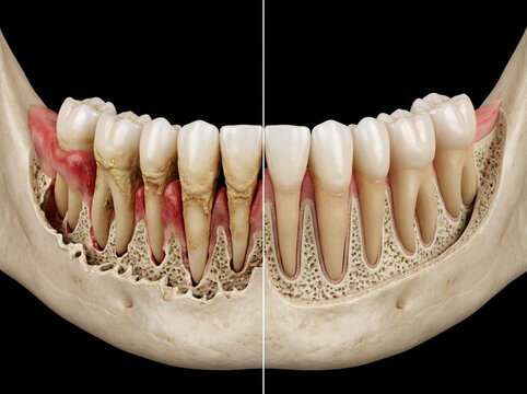 Mandible and teeth comparison: severe periodontitis with calculus buildup and alveolar bone loss (left) and healthy periodontal tissue with intact bone (right), 3D medical illustration on black 