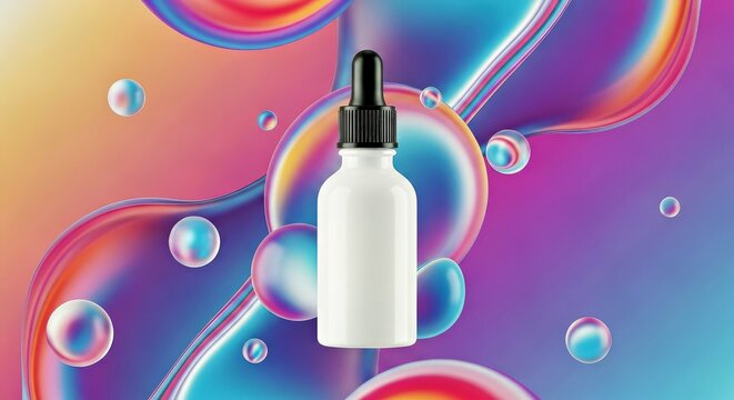 White Dropper Bottle With Black Cap Against Colorful Gradient Background With Bubbles