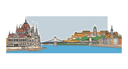 Fototapeta premium Budapest Skyline Illustration: Parliament Building, Danube River, Buda Castle