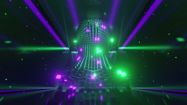 Artificial Intelligence 3d animation with glowing 3D human head made of voxels. Seamless loop of digital mind visualization with purple and orange lights, data particles and futuristic glitch effects