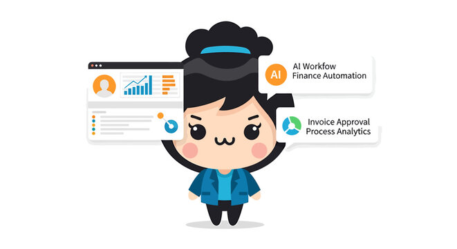 Cute cartoon character with AI workflow and finance automation elements, representing business process improvement and technology.
