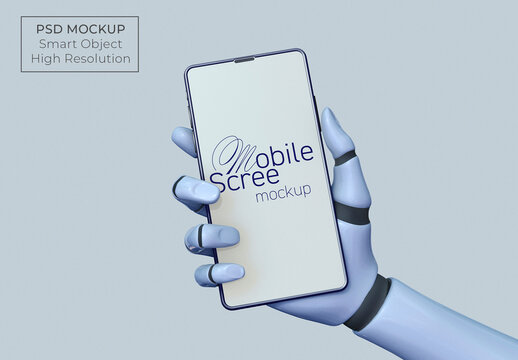 Robotic Hand Holding Vertical Smartphone Mockup PSD