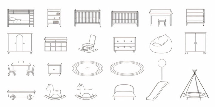 Children&rsquo;s bedroom furniture floor plan symbols, playful 2D CAD vector set, bunk beds, toy storage, study desks, nursery layout icons