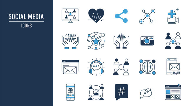 Social media icon collection vector set featuring networking communication sharing engagement and digital community interaction symbols