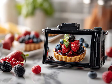 Modern camera monitors display a picture of a delicious fruit tart