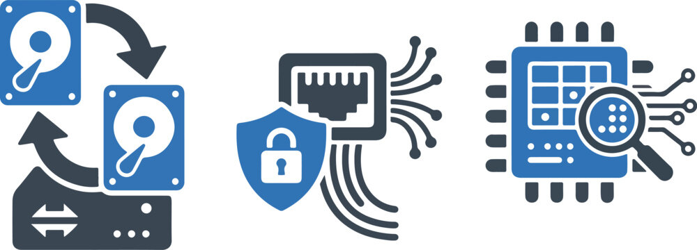 Data security concepts hard drive backup cloud storage cybersecurity network protection and chip analysis.