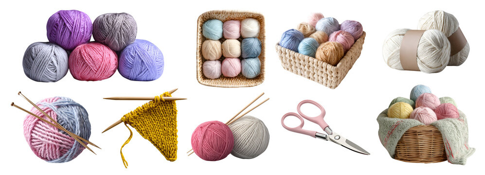 Set of knit knitting essential equipment kit, pastel colours of colourful yarn balls, acrylic woollen wool cotton, scissors needles, transparent cutout PNG mockup for design