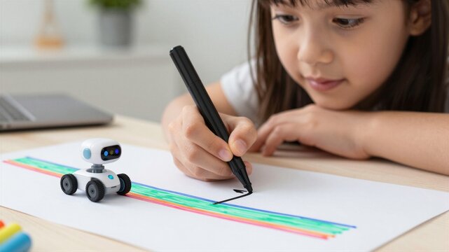 Young girl coding micro robot pathway