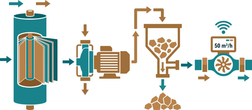 Industrial process flow, water treatment system, pump, hopper, smart valve illustration.