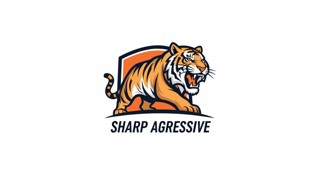 Aggressive tiger mascot logo design with sharp fangs and orange shield background.