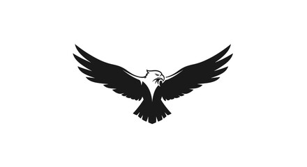 A striking black and white graphic illustration of an eagle with its wings fully spread, soaring or landing, showcasing its powerful and majestic presence. © Hari