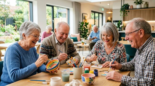 Group of senior friends painting pottery and canvas in a community center. Happy man and woman enjoying creative art therapy activity. Retirement hobby and social elderly lifestyle.