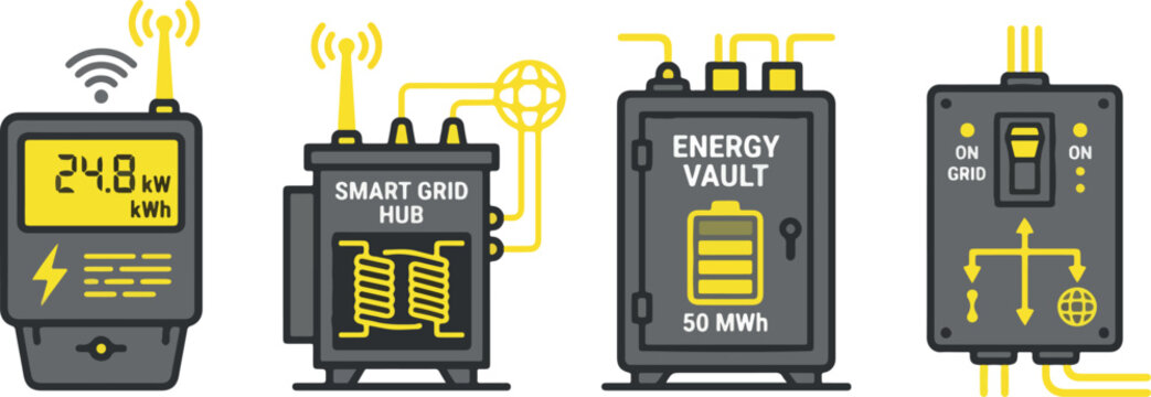 Smart grid energy meter power hub battery storage system and electrical distribution control panel.