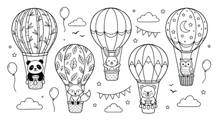 Cute animal coloring page vector, hot air balloons with panda fox bunny bear and owl, nursery line art illustration for kids activity books © chouadhrynuman