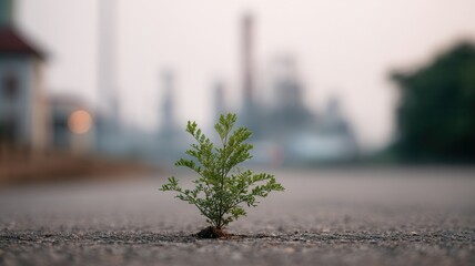 Fototapeta premium Small plant growing from concrete against blurry industrial factory backdrop hope resilience symbolizing