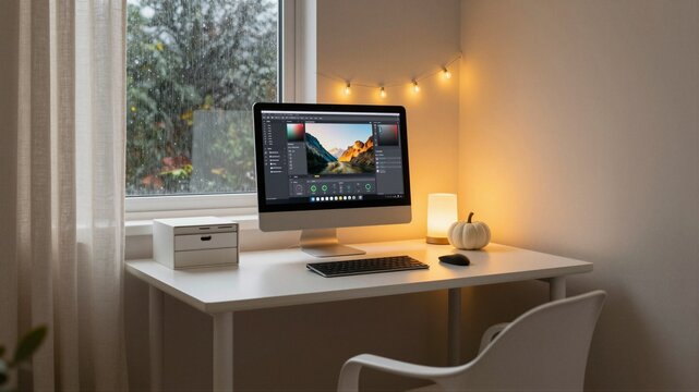 Cozy autumn bedroom workspace aesthetic