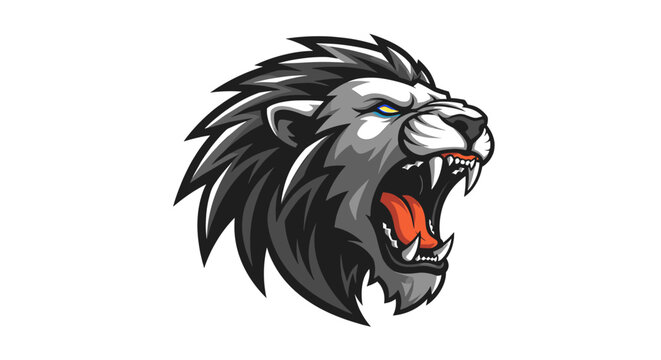 A fierce, stylized illustration of a lion's head roaring with its mouth open, sharp teeth visible, and a dark mane.