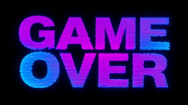 Glitch game over distortion progress neon retro arcade text black background with vivid blue and magenta glow, futuristic digital typography, scan line effect, vaporwave cyberpunk style