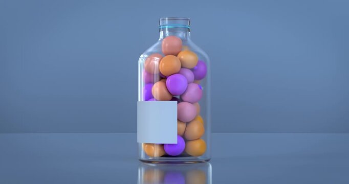 3D rendered animation of a transparent glass bottle filled with colorful orange, purple, and pink rounded candies or pills, floating against a soft dark background with a blank label for branding.