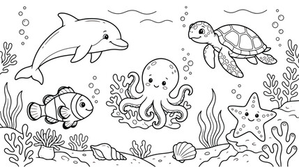 Underwater coloring page for kids, cute sea animals vector illustration, ocean life line art with dolphin octopus and turtle © chouadhrynuman
