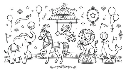 Vintage circus coloring page vector, cute carnival animals line art with lion elephant and monkey, hand drawn circus tent and performers set © chouadhrynuman