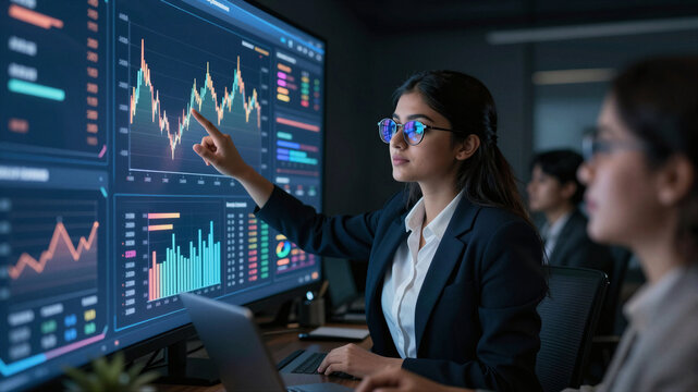 Financial analyst woman chart presentation