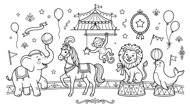 Vintage circus coloring page vector, cute carnival animals line art with lion elephant and monkey, hand drawn circus tent and performers set