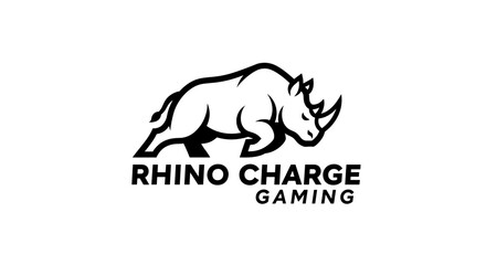 A black and white logo featuring a charging rhino above the text "RHINO CHARGE GAMING", representing a powerful brand identity. © Hari