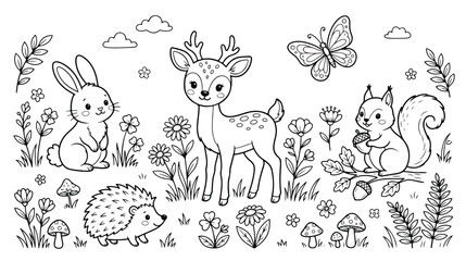 Forest animals coloring page vector, cute woodland creatures line art, deer rabbit squirrel and hedgehog in nature scene, kids educational activity © chouadhrynuman