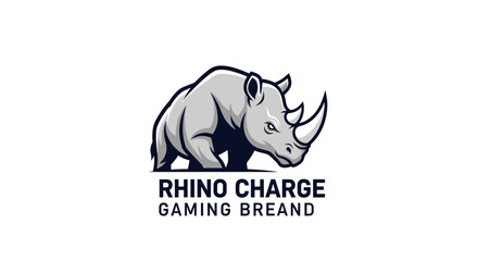 A powerful grey rhinoceros logo with the text 'RHINO CHARGE GAMING BREAND' below, representing strength and speed. © Hari