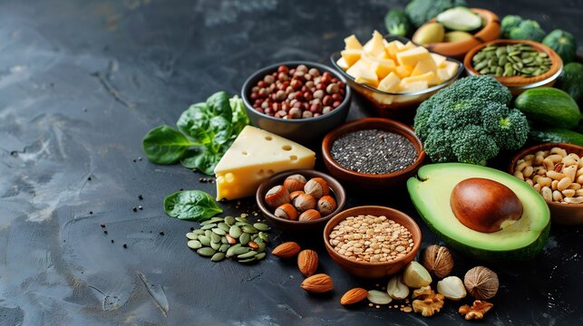Glowing keto foods arrangement avocado nuts cheese vegetables dark background dramatic lighting premium healthy lifestyle concept
