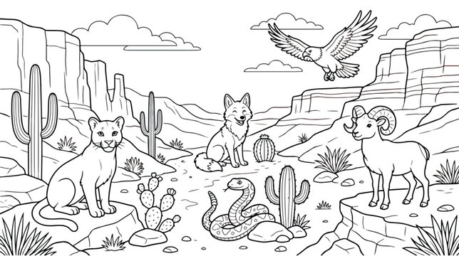 Desert animals coloring page vector, wild southwest landscape with coyote and mountain lion, educational nature scene with bighorn sheep and eagle