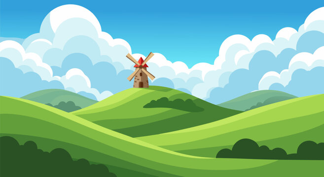Charming vector illustration of a quaint windmill standing atop rolling green hills under a bright blue sky with fluffy clouds, evoking a sense of rural tranquility and simple countryside living