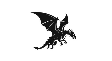 A striking black silhouette of a mythical dragon in mid-flight against a plain white background. © Hari
