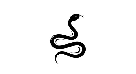 A striking black silhouette of a coiled snake with its tongue flicking out, set against a stark white background. © Hari
