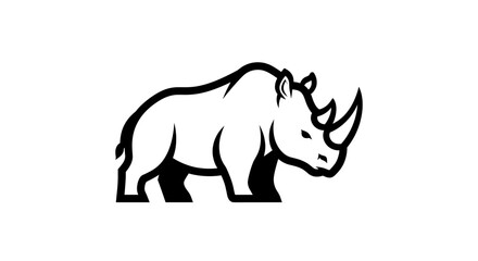 A black and white illustration of a rhinoceros standing on a white background. © Hari