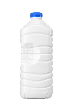 White large plastic milk bottle with blue cap isolated. Transparent PNG image.