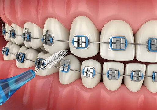 Close up of an interdental brush cleaning between metal orthodontic braces on white teeth for dental maintenance.