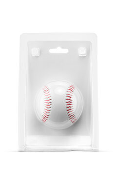Baseball ball sealed inside transparent blister packaging displaying red laces isolated. Transparent PNG image.