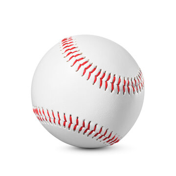 One new baseball ball with red stitching isolated. Transparent PNG image.
