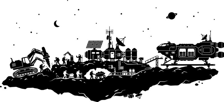 Asteroid mining facility silhouette with heavy machinery and spacecraft