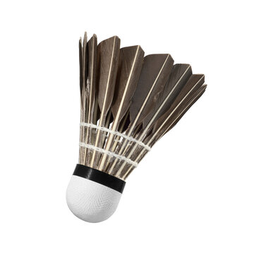 One badminton shuttlecock with real brown feathers isolated. Transparent PNG image.