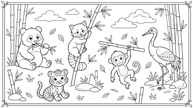Asian wildlife coloring page for kids, cute jungle animals including panda, tiger, and red panda, black and white vector illustration of forest scene