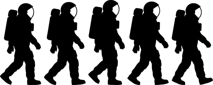 Astronauts walking in single file across a planetary surface