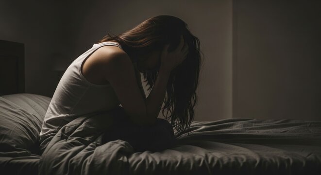 Woman sitting on bed in dark room head in hands feeling distressed.